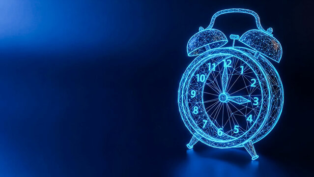 A futuristic digital alarm clock rendered as a glowing blue wireframe, symbolizing precise time management, technological advancement, and upcoming deadlines in a modern context.