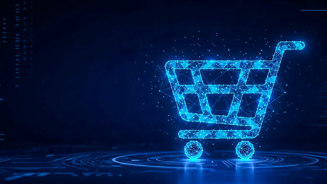 A futuristic blue digital shopping cart made of connected lines and dots, symbolizing online transactions, modern e-commerce, digital retail, and secure global shopping.