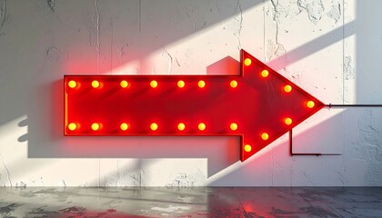 Bright red arrow with lights on a textured wall, casting shadows and reflecting on a glossy floor