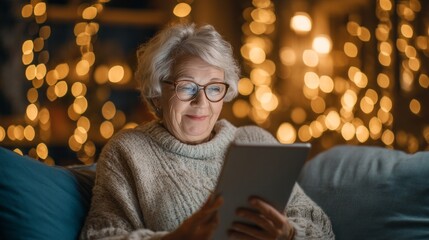 Senior Caucasian woman with short gray hair, wearing glasses, smiles while using a tablet. Warm lights create a festive atmosphere for Christmas and New Year greetings.