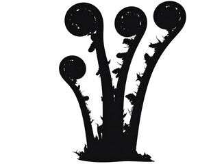 Black silhouette of four fern fiddleheads, tightly curled tops. White backdrop