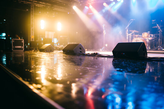 Empty concert stage with colorful lights and reflections on wet floor