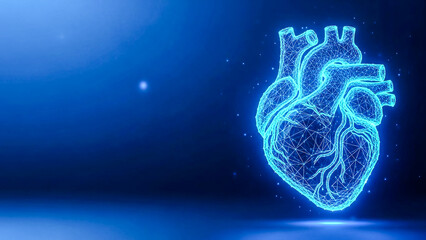 A futuristic 3d rendered digital human heart, glowing blue as a low poly wireframe. Represents advanced medical technology, cardiology research, health diagnostics, and AI.