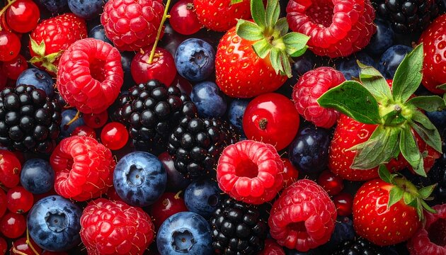 A vibrant close-up of assorted fresh berries strawberries, raspberries, blueberries, blackberries, and red currants