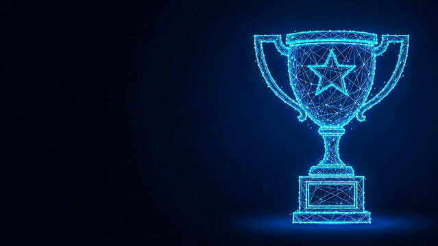 A stunning polygonal trophy rendered in vibrant blue lines and dots, symbolizing ultimate success, triumph, and recognition in digital and competitive endeavors.