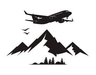 Black silhouette of plane soaring over mountains and trees with two birds flying above the peaks