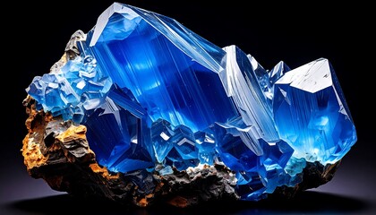 A vibrant cluster of blue crystals rests on a rough, dark matrix against a black backdrop, glistening