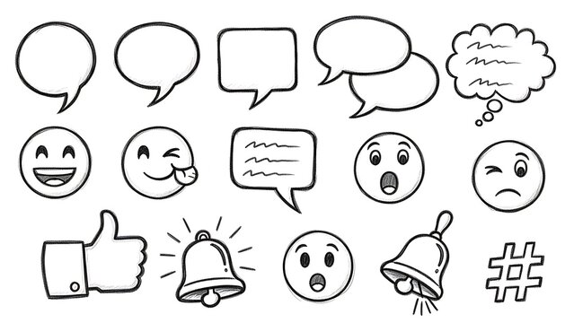 Collection of hand drawn sketch social media icon, emoji, speech bubble, and notification elements isolated on white background