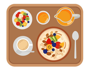 Classic Breakfast Meal on Tray – Fried Egg, Sausages, Bacon, Beans, Coffee, Juice and Pancakes Illustration