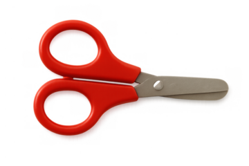 Red safety school scissors for kids, cutting craft supplies, crafting tool for education and childcare, transparent background