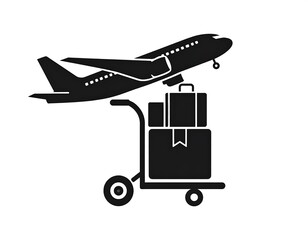 Black silhouette of plane taking off behind luggage piled on a cart against a white background