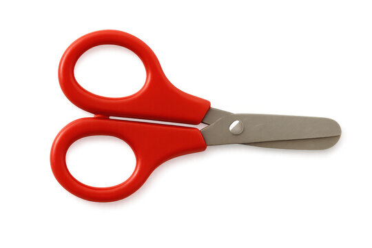 Red safety school scissors for kids, cutting craft supplies, crafting tool for education and childcare, transparent background
