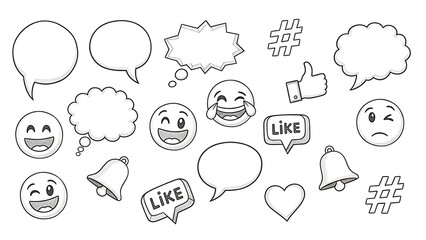 Hand drawn sketch set of social media icon, emoji, like button, speech bubble, and notification bell isolated on white background