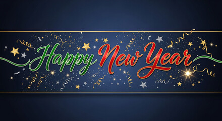 Festive graphic with green and red "Happy New Year" text on dark blue. Celebration concept, representing holiday wishes and seasonal greetings