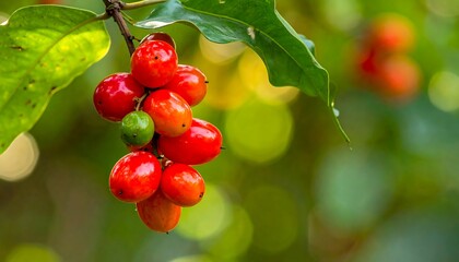 Bright red berries cluster among green leaves with bokeh background in a lush, natural setting