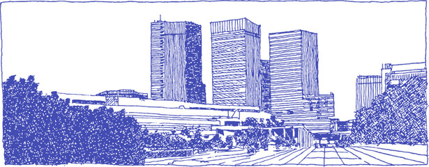 The image is a blue and white drawing of a city street with a large building in the middle. The building is surrounded by trees. vector illustration