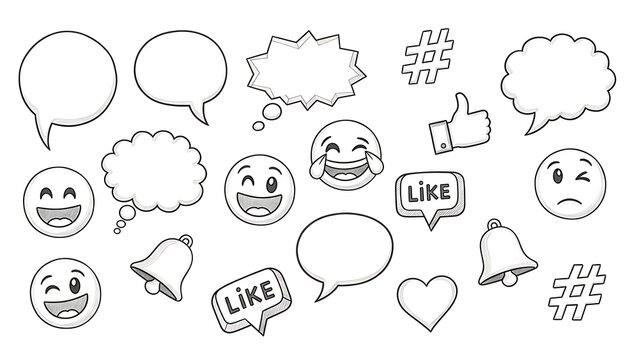 Hand drawn sketch set of social media icon, emoji, like button, speech bubble, and notification bell isolated on white background