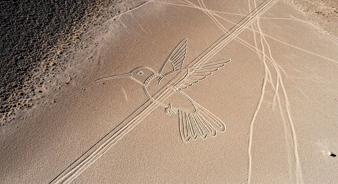 Photorealistic Image of Nazca Lines' Hummingbird Geoglyph From High Above