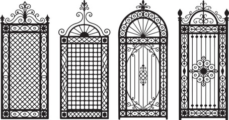 Four Black Ornate Wrought Iron Gate Designs on White Background decorative vintage
