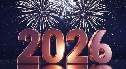 Shiny metallic numbers "2026" against a dark blue backdrop with exploding fireworks, representing upcoming year, festive celebration, or future projection