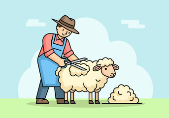 Cartoon farmer character shearing a fluffy white sheep with large scissors.