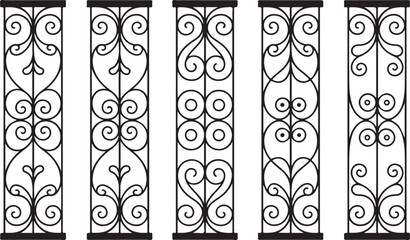 Five Black Decorative Vertical Panels with Intricate Swirls and Heart Shapes ornate black and white