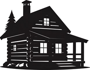 Black silhouette shows a cozy log cabin dwelling with a prominent chimney and adjacent evergreen tree