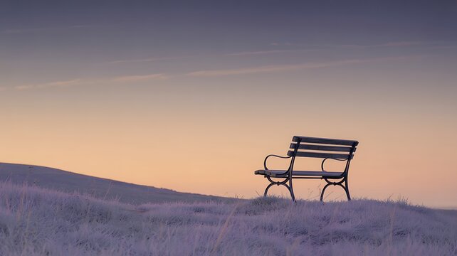 Lonely bench on quiet hill overlooking peaceful sunrise landscape
