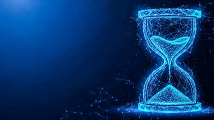 A glowing blue digital hourglass, formed by intricate lines and dots, set against a deep blue background. This symbolizes time passing, data flow, and modern technological concepts.