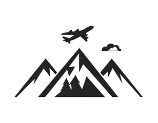 Black silhouetted mountains, with a plane in flight, and cloud, rendered in a minimalist, graphic design