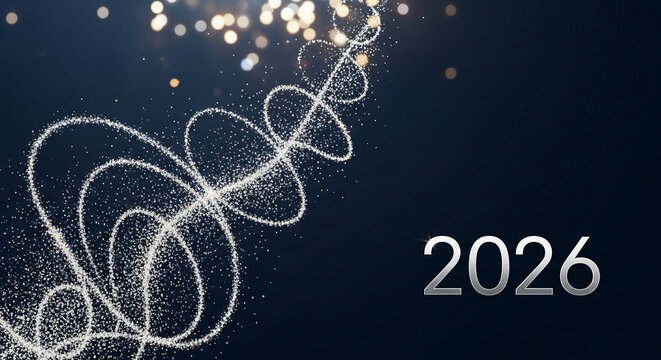 Sparkling swirl on a dark gradient, leading to "2026". Represents a hopeful future or New Year, ideal for celebration, planning, or positive outlook