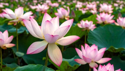 Fototapeta premium A vibrant cluster of pink-tipped white lotus flowers bloom amongst lush green lily pads in a tranquil, sunlit pond