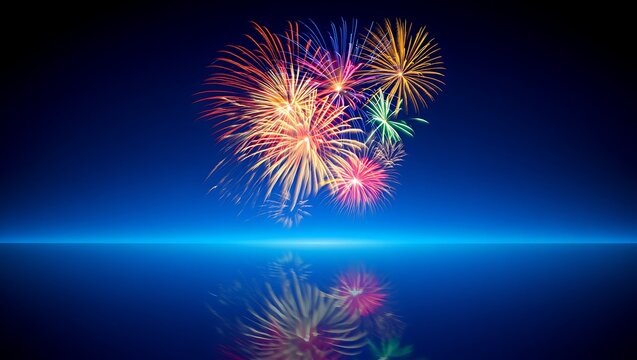 Vibrant fireworks display reflected on a calm water surface