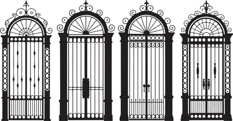 Obraz premium Four Black Wrought Iron Gates with Arched Tops and Intricate Scrollwork Designs on White