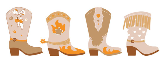 Print A set of vector illustrations of cowboy boots for girls in country style isolated. Vector illustration