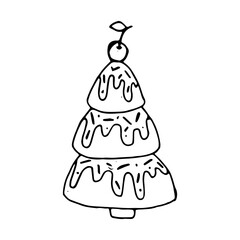 Minimalist Christmas cake outline with icing and cherry — vector line art illustration on white