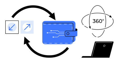 Wallet with digital circuits surrounded by arrows, laptop, and circular motion icon. Ideal for payment systems, technology, connectivity, transaction, data exchange, innovation modern economy