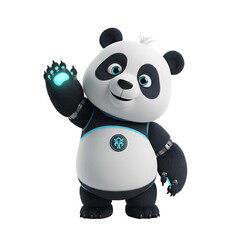 Naklejka premium Friendly Sci-Fi Panda Mascot Waving. Adorable 3D AI character with glowing tech details and blue eyes, perfect for digital marketing, technology, and futuristic branding.