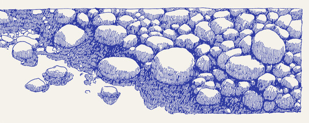 A blue drawing of rocks. The drawing is in black and white. vector illustration