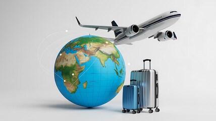 Airplane flying over globe with travel luggage representing world tourism
