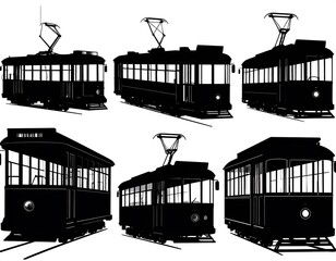 Black silhouettes of multiple old-fashioned trams on tracks, set against a plain white background