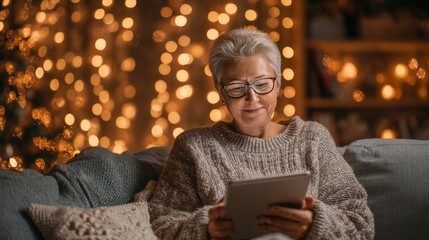 Senior Caucasian woman with short gray hair and glasses sits on a couch, using a tablet. Warm lights create a festive atmosphere for Christmas and New Year greetings.