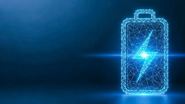 Abstract digital illustration of a battery icon with a lightning bolt symbol, constructed from interconnected lines and dots, signifying energy innovation and eco-friendly power sources.