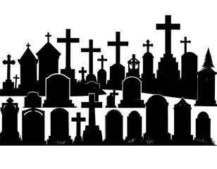 Black silhouettes of tombstones and crosses in a cemetery against a white background create a solemn scene