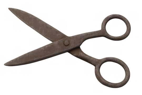 Vintage rusty metal scissors with open blades showing aged texture on a transparent alpha channel background