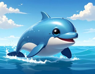 Cartoonish dolphin leaps out of the water with a bright, sunny blue sky dotted with fluffy white clouds