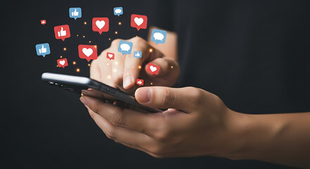 Person using smartphone with social media like heart and comment icons floating around it