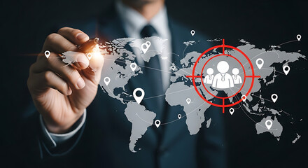 A businessman pointing at a world map with target and location icons in a dark setting