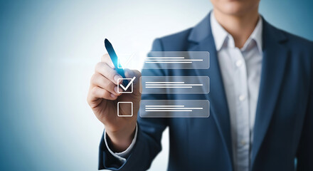 Person in suit marking a checklist box with pen on a digital interface on a blue background