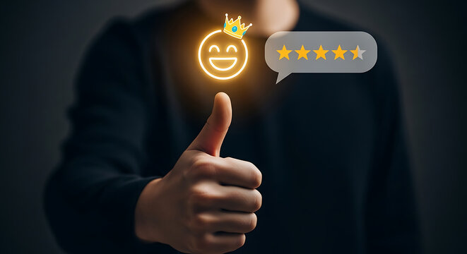 Person giving thumbs up with glowing smiley face and star rating in speech bubble icon